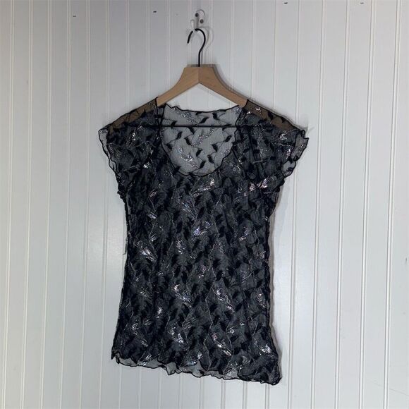 Alvoru Black Sheer Glitter Mesh Floral Tee USA Made Y2K Festival Top S Fairycore - Picture 1 of 7